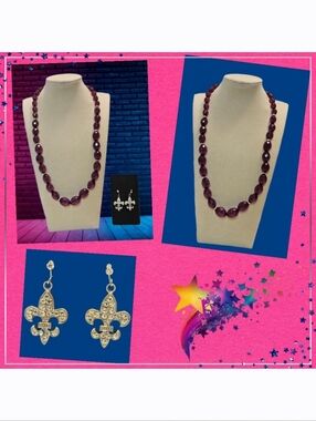 Purple Beaded Necklace With Fleur De Lis Earrings Set